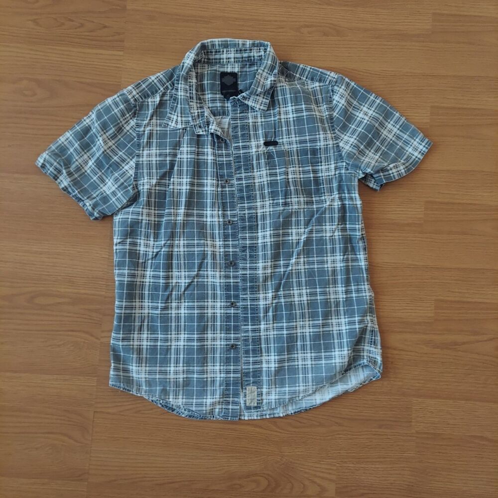 Harley Davidson Blue & Gray Plaid Embroidered Short Sleeve Button Up 100% Cotton